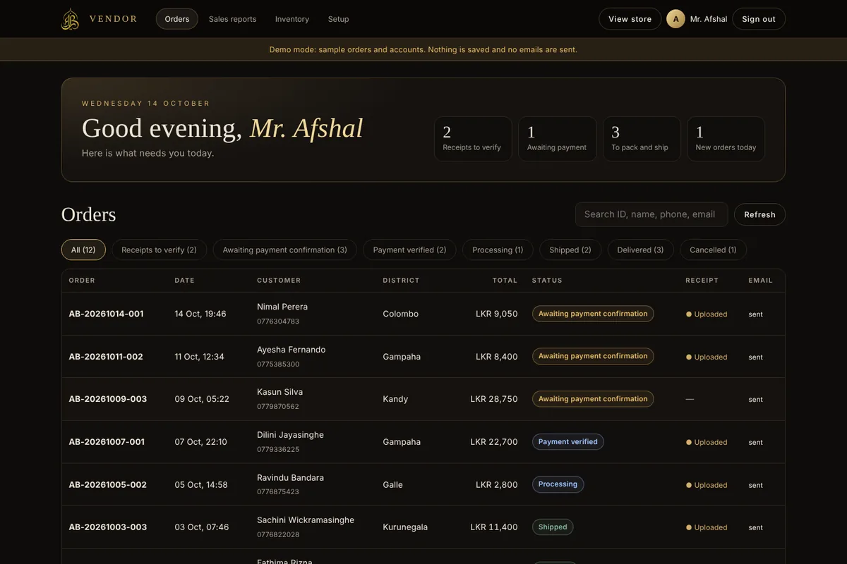 Attar Bliss vendor dashboard: greeting with counts of receipts to verify and orders to ship, above an orders table with status filters.