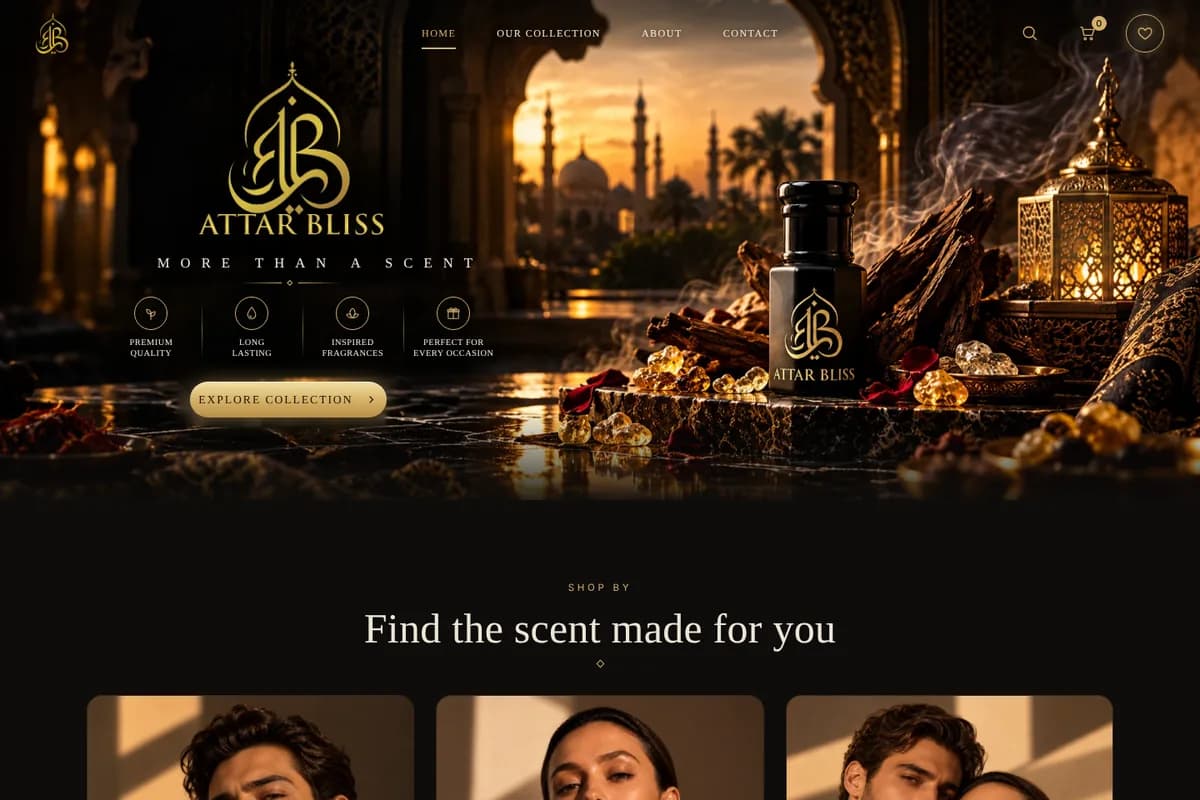 Attar Bliss homepage: gold Attar Bliss logo and ‘More than a scent’ over a perfume bottle with oud wood and a glowing lantern, mosque at sunset behind.