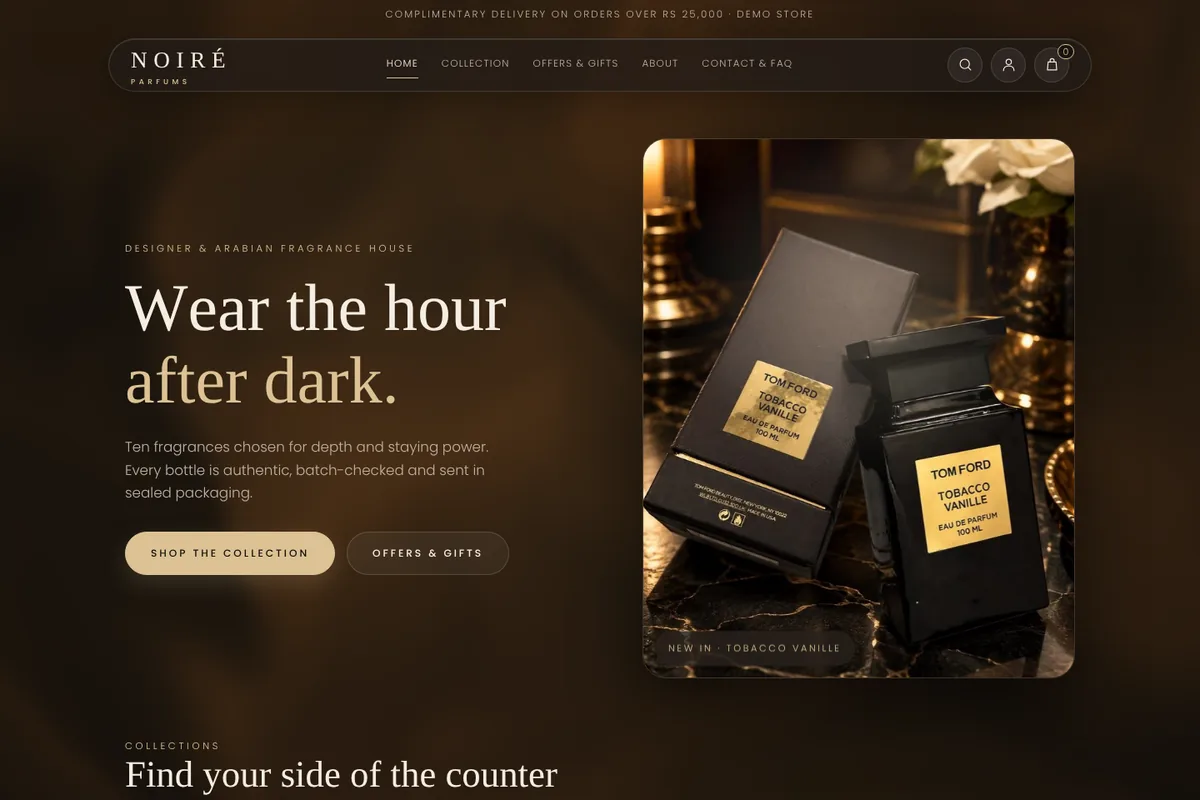 Noiré Parfums homepage: ‘Wear the hour after dark’ headline beside a photo of a Tobacco Vanille bottle and box on black marble.