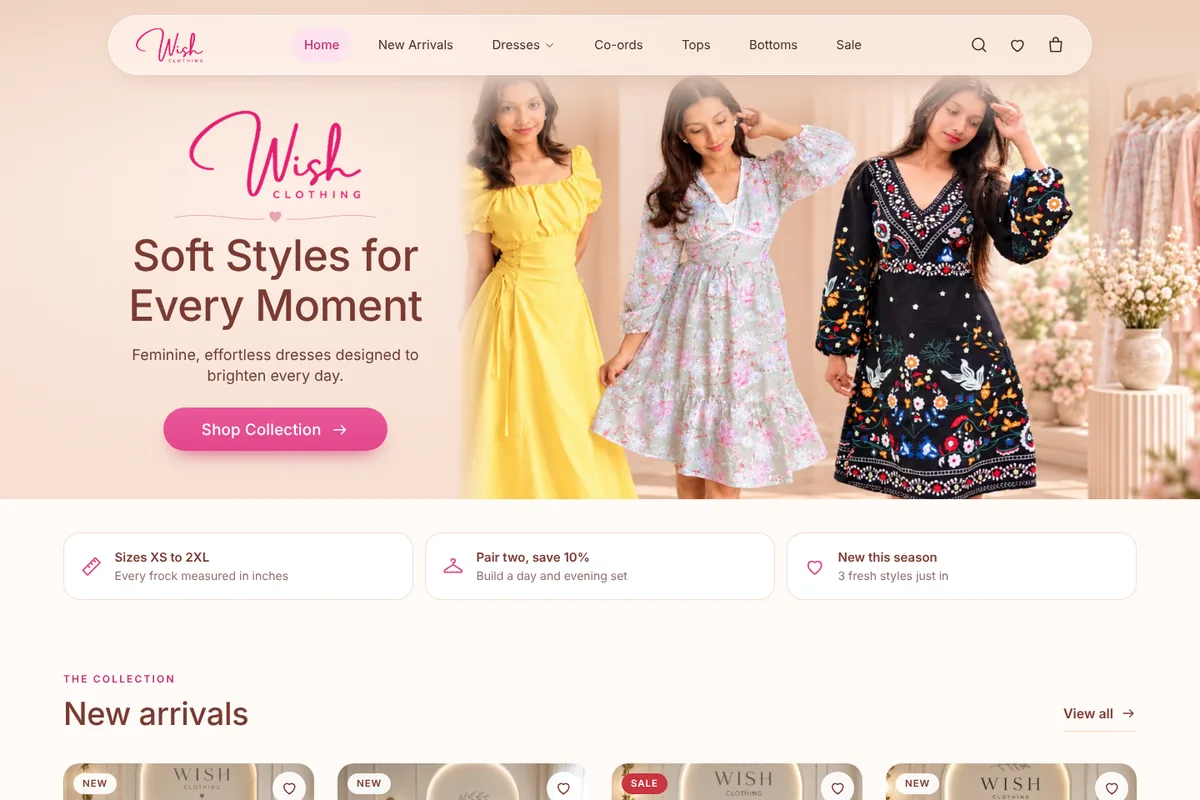 Wish Clothing homepage: pink Wish logo and ‘Soft Styles for Every Moment’ next to three models in yellow, floral and black printed dresses.