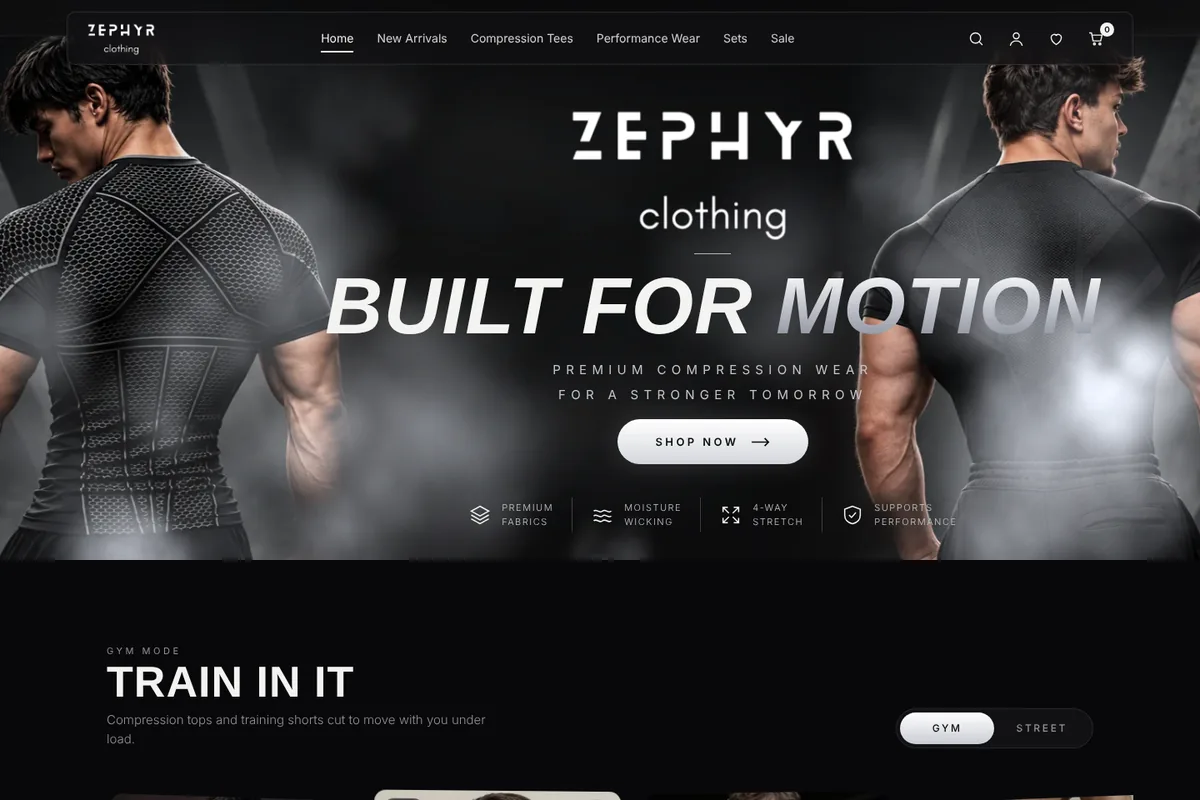 Zephyr Clothing homepage: two athletes in black compression tops either side of the headline ‘Built for Motion’ and a Shop now button.